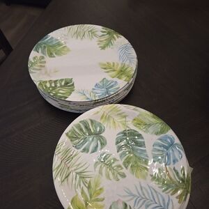Tropical Leaf Print Dinner And Salad Plates 16 Piece New